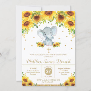 Invitation Eléphant Tournesol Floral Christening Baptême Garç