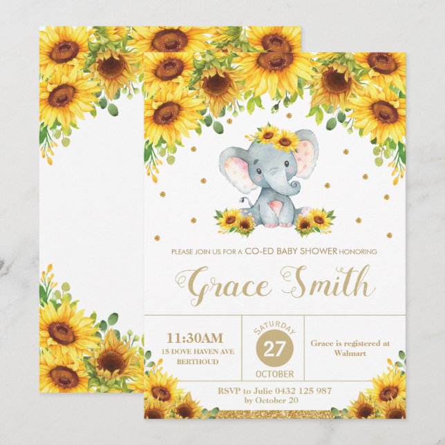 Invitation Eléphant Tournesol Floral Co-Ed Baby shower fille (Devant / Derrière)