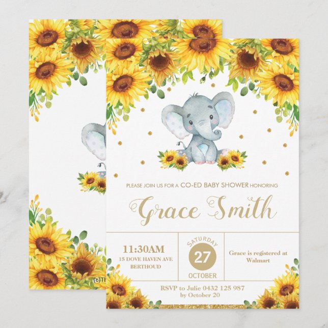 Invitation Eléphant Tournesol Floral Co-Ed Baby shower Garçon (Devant / Derrière)
