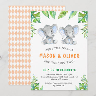 Invitation Elephant Twin Boys Anniversaire Little Peanuts Par