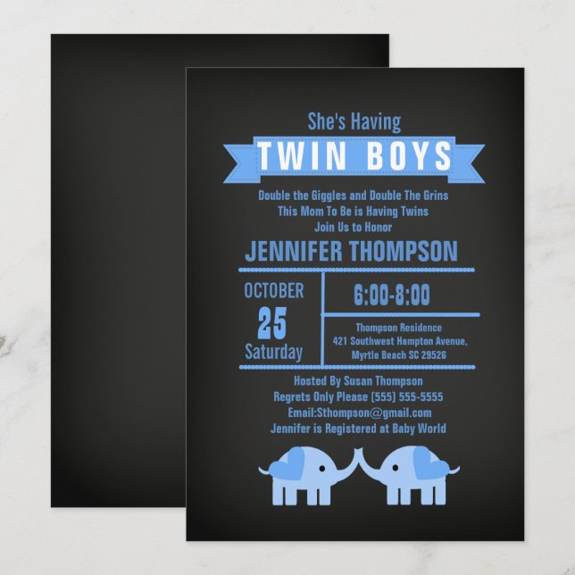 Invitation Elephant Twin Boys Chalkboard Baby shower (Devant / Derrière)
