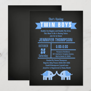 Invitation Elephant Twin Boys Chalkboard Baby shower