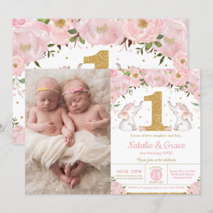 Invitation Eléphant Twin Girls 1er Birthday Twins Photo