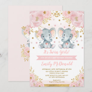 Invitation Eléphant Twin Girls Baby shower rose or floral
