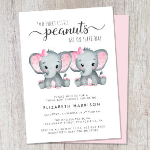 Invitation Eléphant Twin Girls Baby Sprinkl
