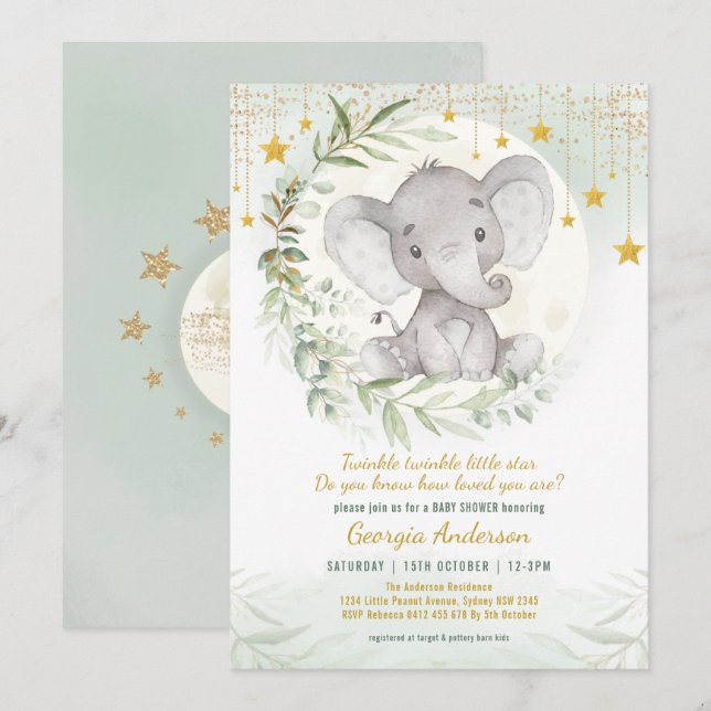 Invitation Elephant Twinkle Little Star Baby shower de verdur (Devant / Derrière)
