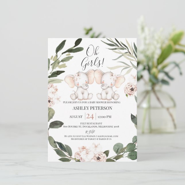 Invitation Elephant Twins Floral Greenery Baby shower de cour (Debout devant)