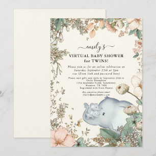 Invitation Elephant Twins Florals Crème Baby shower virtuel