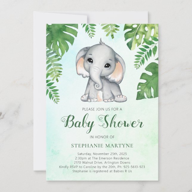 Invitation Élephant Vert Foliage Aquarelle Baby shower I (Devant)
