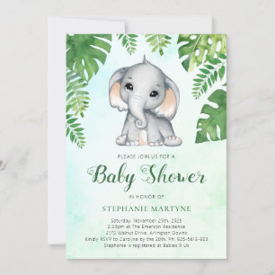 Invitation Élephant Vert Foliage Aquarelle Baby shower I