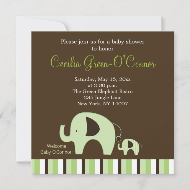 Invitation Eléphant vert (garçon ou fille neutre) 5x5 Invitat (Devant)