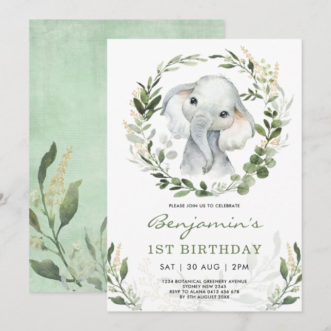 Invitation Eléphant vert moderne | Green Gold 1er anniversair (Devant / Derrière)