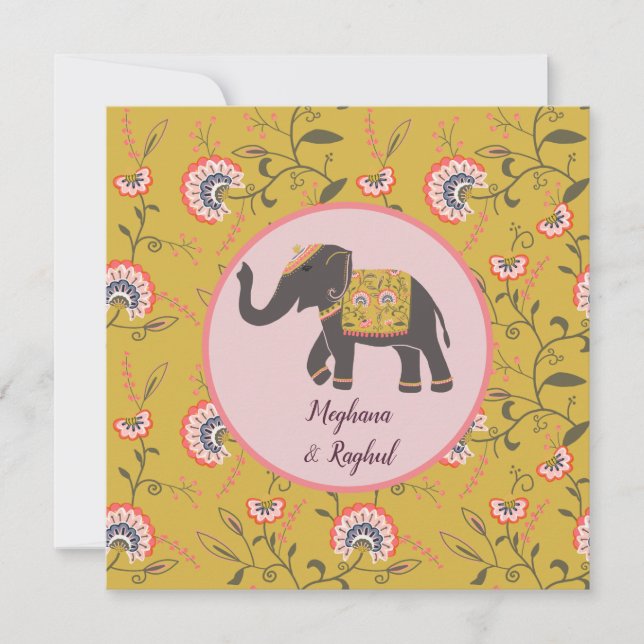 Invitation Elephant Vintage Jaune Motif Mariage indien (Devant)