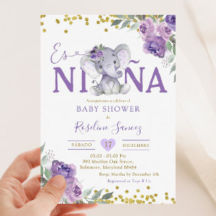 Invitation Eléphant violet espagnol Es Niñ un Baby shower
