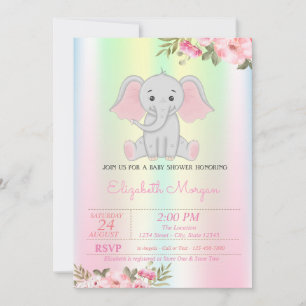 Invitation Éléphanteau fille, Baby Shower iridescent floral