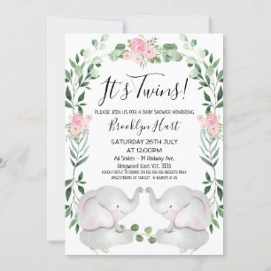 Invitation Eléphants à couronne rose fleurie Baby shower jume