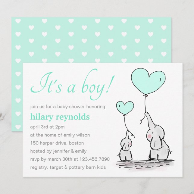 Invitation Eléphants | Baby shower des ballons de coeur vert  (Devant / Derrière)