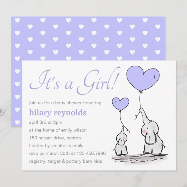 Invitation Eléphants | Baby shower Lilac Heart Balloons (Devant / Derrière)