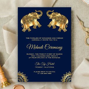 Invitation Éléphants Bleu Or Cérémonie Mehndi Henna Indienne