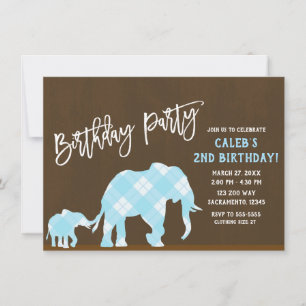 Invitation Éléphants bleus Fête d'anniversaire moderne marron