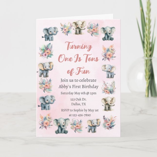 Invitation Elephants & Boho Jungle Fleurs sur Pink Anniversai (Devant)