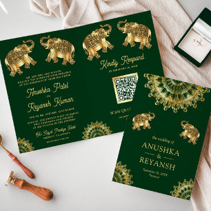 Invitation Eléphants d'ethnie d'or vert Indien Code QR Mariag
