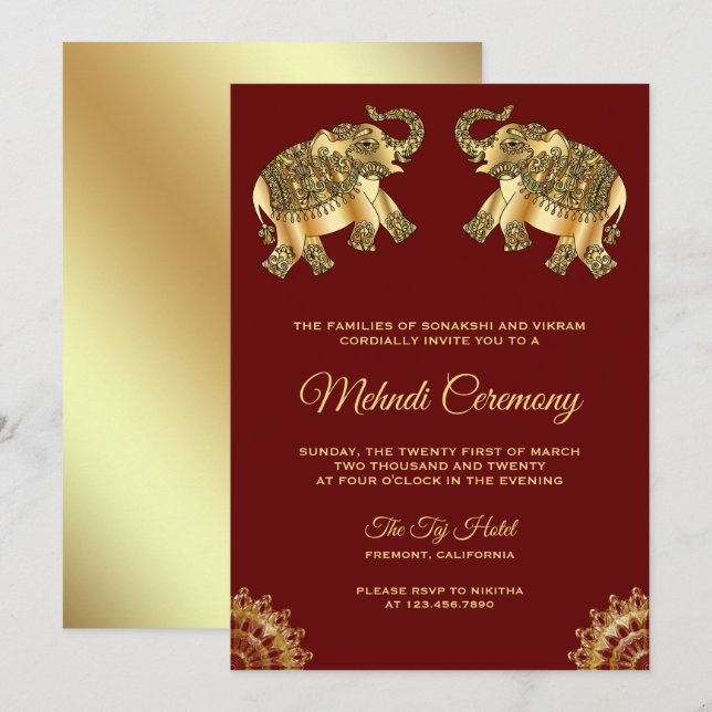 Invitation Éléphants d'or rouge Cérémonie indienne au henné M (Devant / Derrière)