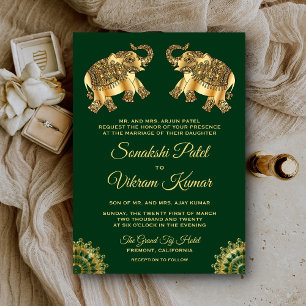 Invitation Éléphants ethniques de mariage indien en or vert