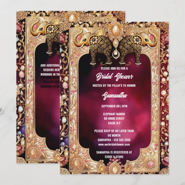 Invitation Eléphants floraux indiens Gemmes royales hindous (Devant / Derrière)