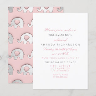 Invitation Eléphants gris rose Baby shower d'anniversaire bla