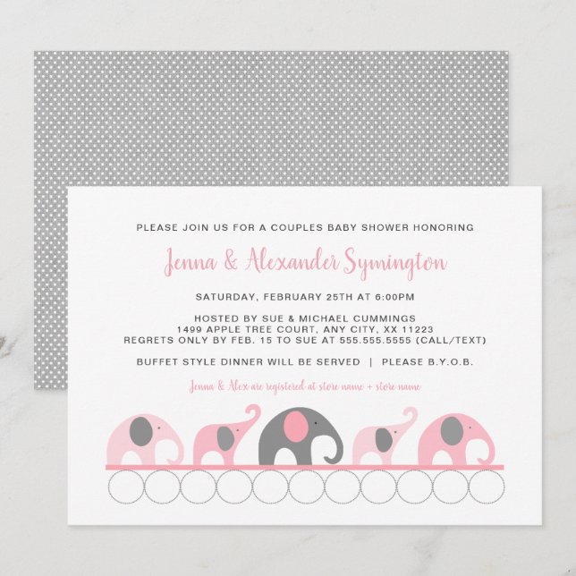 Invitation Eléphants gris rose Couples fille Baby shower (Devant / Derrière)