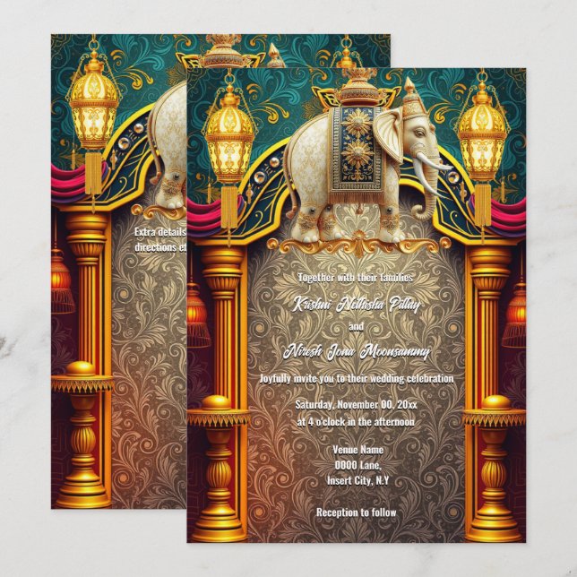 Invitation Eléphants indiens bordeaux lanternes d'or luxueux (Devant / Derrière)