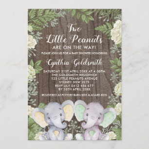 Invitation Eléphants Jumeaux Neutres Rustiques Baby shower de