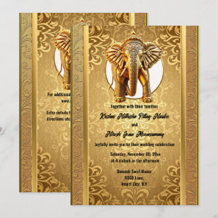 Invitation Éléphants noirs damassés or mariage indien asiatiq