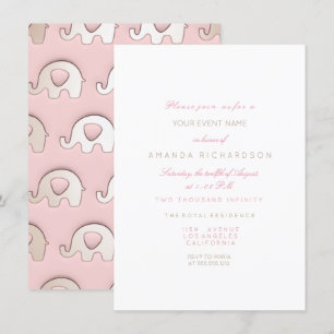 Invitation Eléphants rose Baby shower d'anniversaire ivoire b