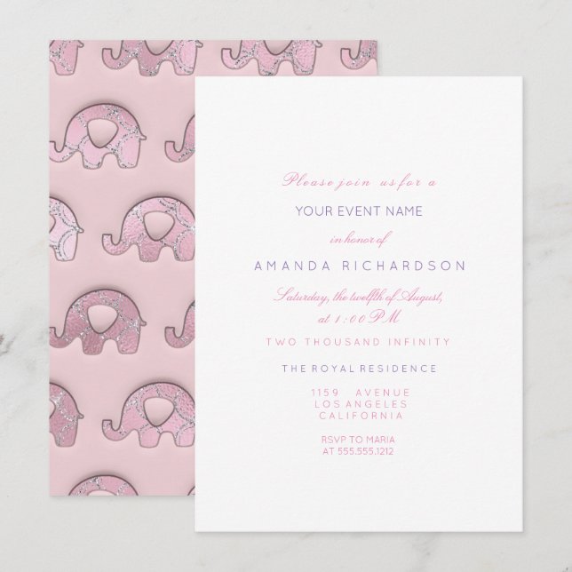 Invitation Eléphants rose Pastel Bleu Baby shower Argent (Devant / Derrière)