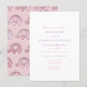Invitation Eléphants rose Pastel Bleu Baby shower Argent