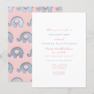 Invitation Eléphants rose Pastel Bleu Baby shower Blanc