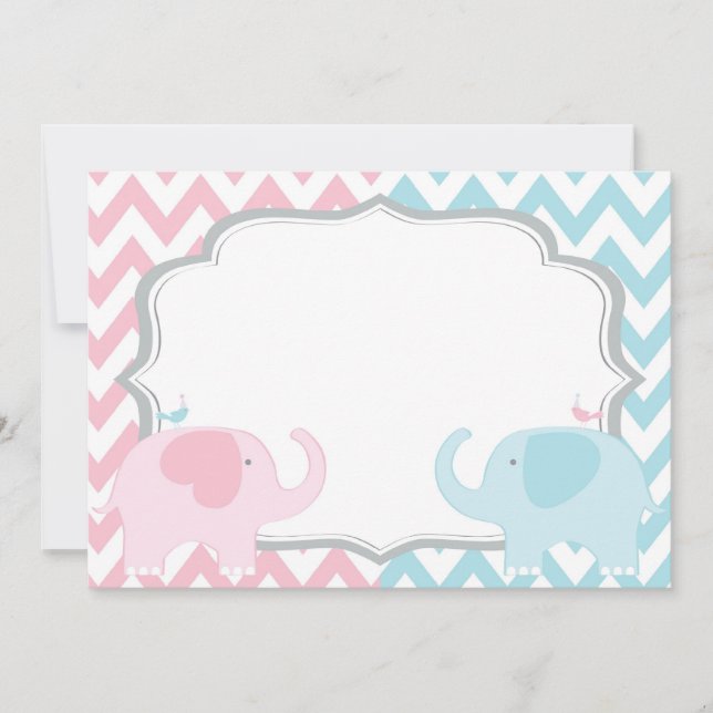 Invitation Eléphants roses et bleus Chevron Genre Reveine (Devant)