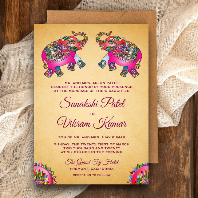 Invitation Éléphants roses ethniques vibrants Mariage indien (Créateur téléchargé)