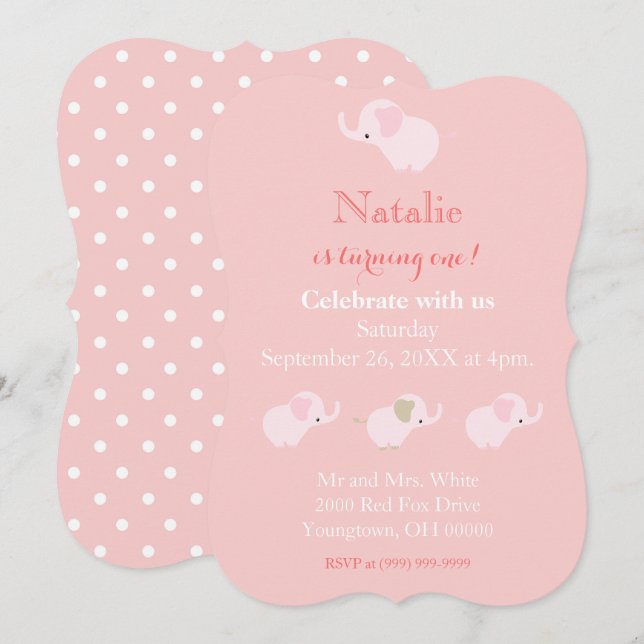 Invitation Eléphants roses jolies bébé fille premier annivers (Devant / Derrière)