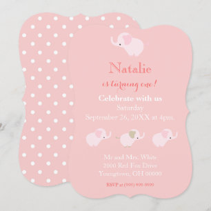 Invitation Eléphants roses jolies bébé fille premier annivers