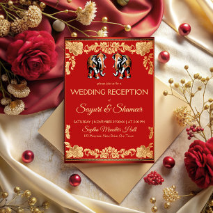 Invitation Éléphants rouges et dorés réception de mariage ind