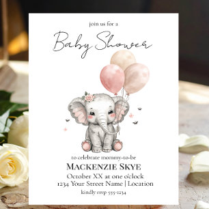 Invitation Élévation de bébé fille à l'éléphant avec ballons