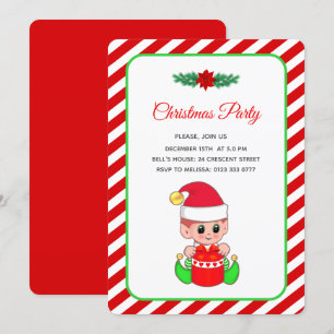 Invitation Elfe Moderne Mignon sur Fête de Noël Rouge et Blan