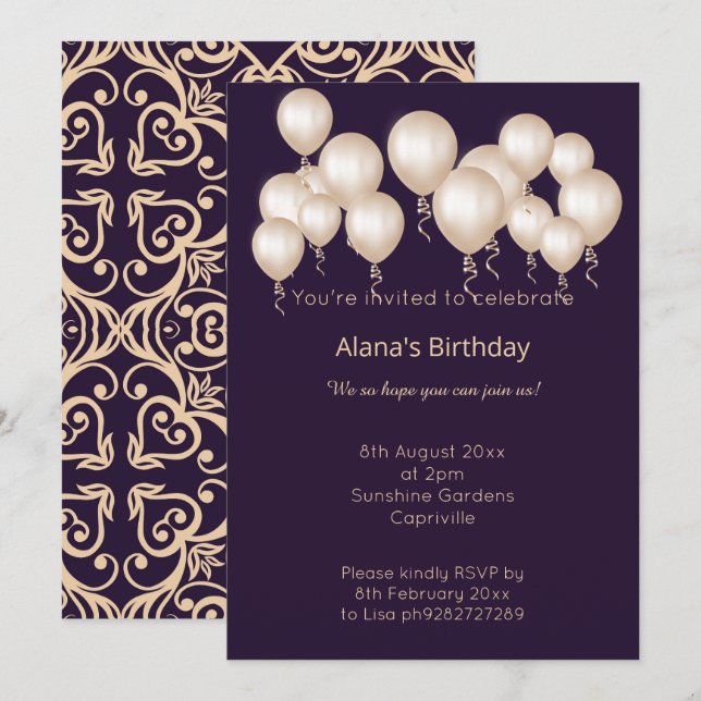 INVITATION ELGANT MODERNE DAMASK MARINE ARGENT OR (Devant / Derrière)