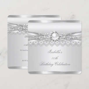 Invitation Élite Blanc Perle Argent Dentelle Floral Anniversa