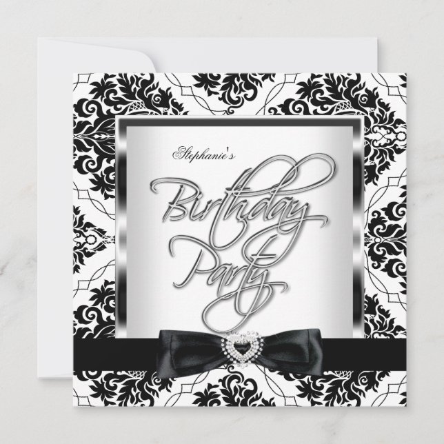 Invitation Elite Damask Silver Black White Anniversaire Party (Devant)