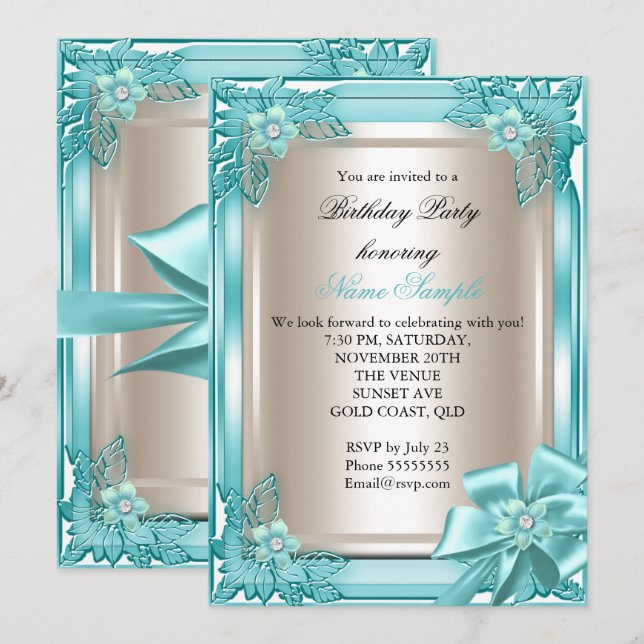Invitation Elite Élégante fête d'anniversaire Turquoise Cream (Devant / Derrière)