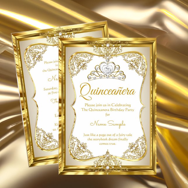 Invitation Elite Gold Blanc crème beige Princesse Quinceanera (Créateur téléchargé)